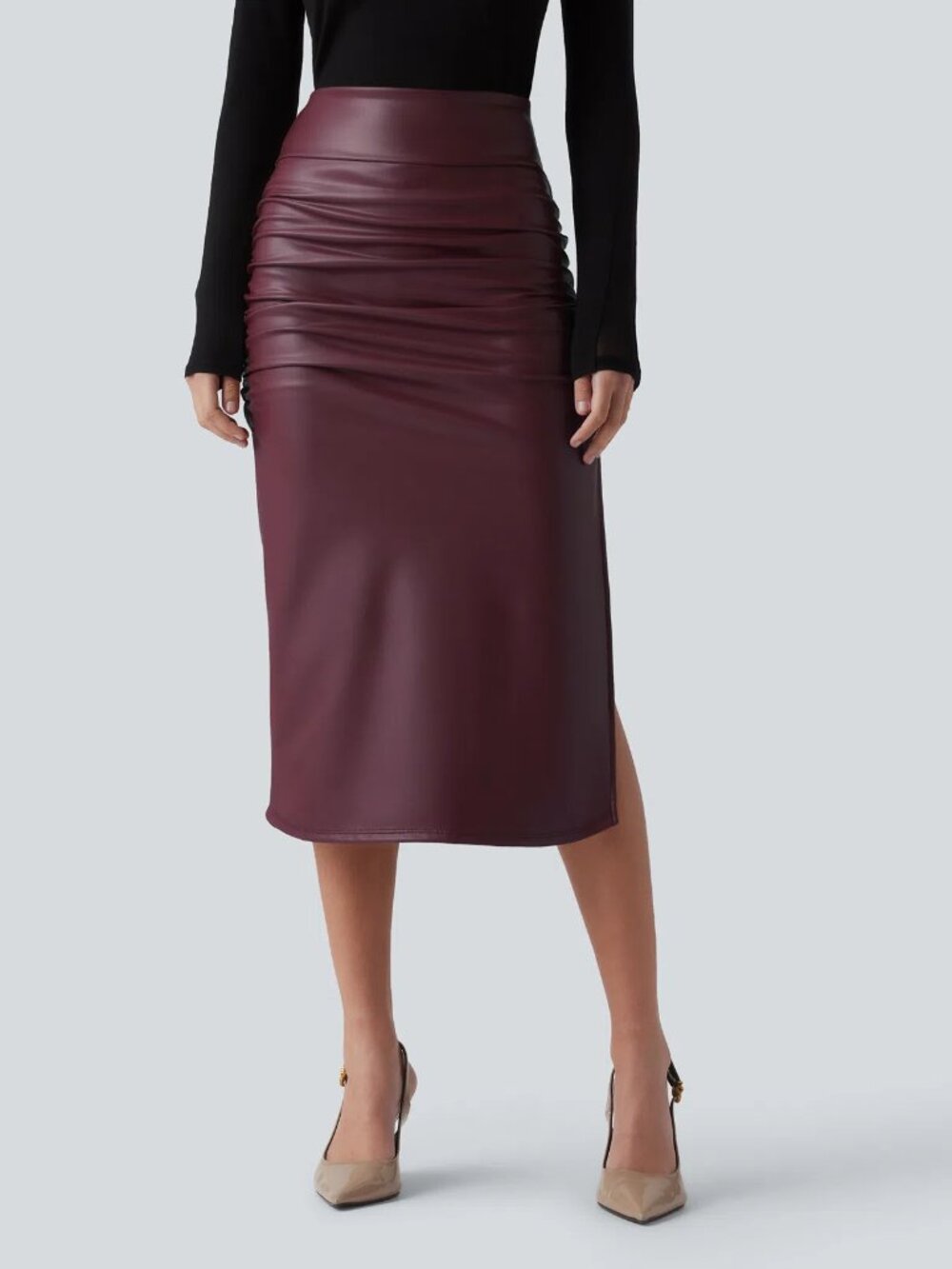 Halara High Waisted Tummy Control Ruched Curved Hem 2-in-1 Fleece PU Midi Skirt